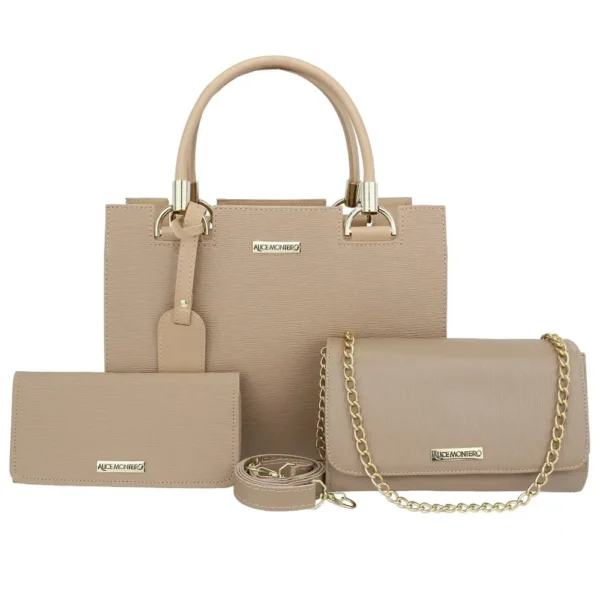 Kit Bolsa Feminina Nude 3 Peças - Bolsa Baú, Clutch e Carteira Elegantes